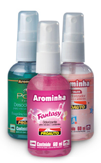 arominhas.jpg - O Arominha Pump é um aromatizante de ação instantânea. Por sua aplicação ser em spray, pode ser aplicada facilmente em qualquer ambiente (casa, escritórios, carros, barcos etc.) e até ser carregada com você pra qualquer lugar.Os novos perfumes lançados foram estudados para proporcionar sensações agradáveis ao ambiente que forem aplicadas.Fragrâncias: Talco, Pool e Fantasy.