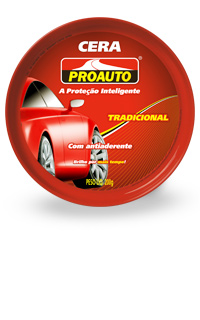 cera_trad.jpg - A Cera Proauto Tradicional proporciona maior brilho e proteção à pintura de veículos.  Limpa removendo manchas, pequenos riscos e tinta oxidada.Sua fórmula com silicones especiais forma uma película protetora que repele a sujeira e protege contra as ações do tempo (sol, chuva, maresia, etc.).  Indicado para todos os tipos de pintura.