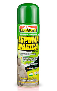 espuma_magica1.jpg - Espuma limpadora a seco, basta aplicar e esperar agir por alguns segundos. Desenvolvida para limpar todas as partes laváveis de seu veículo, especialmente tecidos (banco, teto, carpetes, consoles e etc.), removendo as sujeiras mais difíceis como graxas, gorduras, resíduos de alimentos e sujeira de tráfego.Seu uso também é indicado para o lar em sofás, cortinas, tapetes e etc.Pode ser usado no lar.