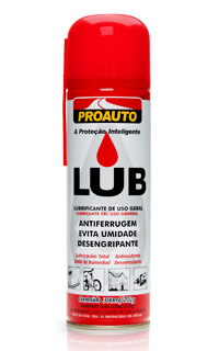 lub.jpg - Proauto Lub lubrifica e protege todos os tipos de peças metálicas, cromadas ou não contra a ação do tempo. Elimina a umidade, e devido a sua ação penetrante evita a ferrugem e solta partes emperradas.Pode ser utilizado com ótimos resultados em carros, correntes de motos e bicicletas, barcos, peças mecânicas, eletrodomésticos em geral e todos os locais de difícil acesso, pois possui extensor para aplicação.