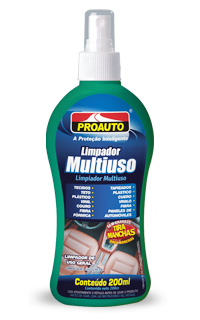 multiuso.jpg - Limpador Multiuso Proauto remove as sujeiras mais difíceis como gorduras, resíduos de alimentos, resíduos de poluição e graxa. Seu uso é recomendado também para limpeza de superfícies laváveis, polidas, anodizadas, cromadas, carpetes e painéis automotivos. Pode ser utilizados na limpeza do lar em geral; azulejos, computadores, fórmicas, etc.