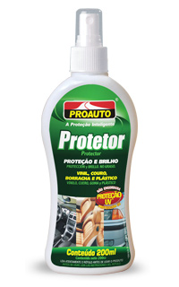 protetor.jpg - Protetor Proauto protege contra rachaduras e desbotamento provocados pelos raios UV em couro, vinil, borracha, plásticos e partes internas e externas do seu veiculo, recuperando a aparência e a tonalidade original.Pode ser usado no lar.