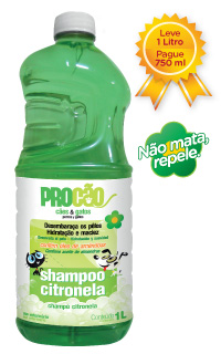 cashcarry_shampoocitronela.jpg - Shampoo especialmente desenvolvido com Citronela que promove uma repelência natural contra insetos. Possui Óleo de Amêndoas que oferece uma melhor escovação e desembaraço da pelagem dos bichinhos. Possui fragrância adequada para cães e gatos.