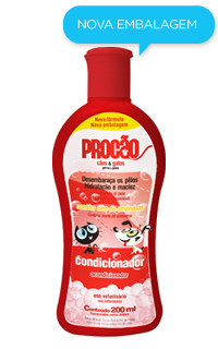 condicionador1.jpg - O condicionador PROCÃO foi desenvolvido para cães e gatos de todas as raças, cores e comprimentos de pêlos.Desembaraça os pêlos através de ativos emolientes que proporcionam mais maciez e maleabilidade, deixando-os bonitos e saudáveis.