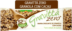 granola_cacau.jpg - Flocos de aveia integral, flocos de arroz integral sem adição de açúcar, flocos de milho sem adição de açúcar, uva passa, castanha de cajú, semente de girassol, maltodextrina, flocos de centeio integral, cacau natural em pó, gérmen de trigo, gergelim, sal iodado, edulcorantes naturais isomalte e/ou maltitol e antiumectante bicarbonato de sódio.Porção de 26g ou 1 unidade  Quantidade por porção:                                  % V.D. (*) Valor energético 52kcal-223Kj, Carboidratos 11 g, dos quais: 4% Polióis 4,0 g, Proteínas 1,2 g, Gorduras totais 1,2 g, Gorduras saturadas 0,2 g, Gorduras trans Não contém ND** Fibra alimentar 0,8g, Sódio 22mg.