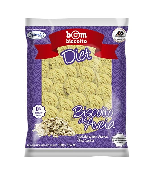 aveia_diet.jpg - Peso: 100gCódigo de Barras: 7898249281808Quantidade por caixa: 30 unidadesIngredientes:Farinha de trigo, amido de milho, margarina vegetal, ovos, aveia em flocos, polidextrose, edulcorante artificial lactiol e edulcorante artificial de sucralose.Diabéticos:Contém: glicose 1,08g - sacarose 1,96 em cada 100g do produto proveniente da matéria prima.Contém Glúten