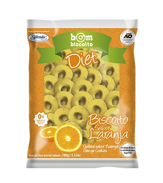 laranja_diet.jpg - Peso: 100gCódigo de Barras: 7898249281822Quantidade por caixa: 30 unidadesIngredientes:Farinha de trigo, amido de milho, margarina vegetal, ovos, suco de laranja, polidextrose, edulcorante artificial lactiol, edulcorante artificial de sucralose e aromatizante sabor laranja.Diabéticos:Contém: glicose 1,08g - sacarose 1,96 em cada 100g do produto proveniente da matéria prima.Contém Glúten