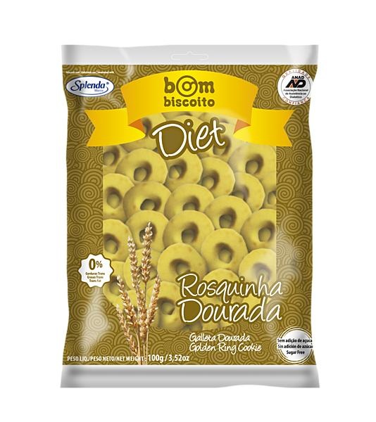 rosquinha_dourada_diet.jpg - Peso: 100gCódigo de Barras: 7898249281228Quantidade por caixa: 30 unidadesIngredientes:Farinha de trigo, amido de milho, margarina vegetal, ovos, polidextrose, edulcorante artificial lactiol e edulcorante artificial de sucralose.Diabéticos:Contém: glicose 1,08g - sacarose 1,96 em cada 100g do produto proveniente da matéria prima.Contém Glúten