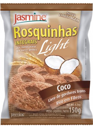 COCO.png - Rosquinhas Integrais Light CocoLIVRE DE GORDURAS TRANSRICO EM FIBRAS26% MENOS AÇÚCAR 26% MENOS GORDURA FONTE DE PROTEÍNAS E FERROIngredientes: Farinha de trigo integral, farinha de trigo fortificada com ferro e ácido fólico, açúcar mascavo, óleos vegetais (palma e milho), melado de cana, amido de milho, coco desidratado, farinha de soja orgânica, maltodextrina, fibra solúvel em pó, sal, agentes de crescimento (fosfato monocálcico, bicarbonato de sódio, bicarbonato de amônio), aromas, estabilizante natural lecitina de soja e edulcorante natural steviosídeo. CONTÉM GLÚTENDisponível na versão: 150g.