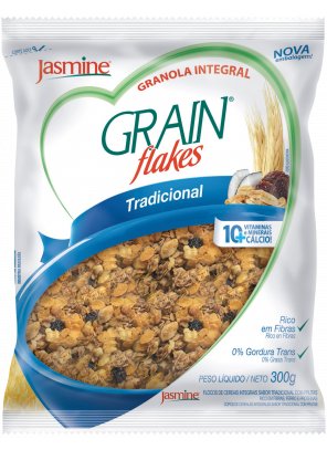 GRANOLA_tradicional.png - Grain Flakes TradicionalAdicionado de 10 vitaminas, mineral e cálcio;Rico em fibras;Alto teor de proteínas;Ingredientes: Flocos de aveia, flocos de milho, melado de cana, óleo de milho, uva passa, açúcar mascavo, germe e fibra de trigo, extrato de malte, coco ralado, flocos de arroz, gergelim e mix de vitaminas e minerais (cálcio, vitaminas C, B3, E, zinco, vitaminas B2, B6, B1, B5, A e D).CONTÉM GLÚTEN