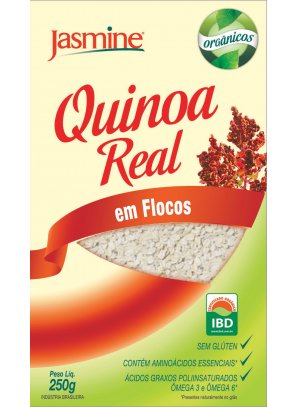 QUINOA_flocos.png - QUINOA REAL ORGÂNICA EM FLOCOSContém aminoácidos essenciais e ácidos graxos poliinsaturados Ômega 3 e Ômega 6.Contém fibras, sais minerais (ferro, magnésio, fósforo, potássio, sódio, zinco, cobre e manganês) e vitaminas (B1, B2, B3, B5 e E). Ótima fonte de proteína. Ingredientes: Grãos de quinoa integral laminada orgânica (Chenopodium quinoa).NÃO CONTÉM GLÚTEN
